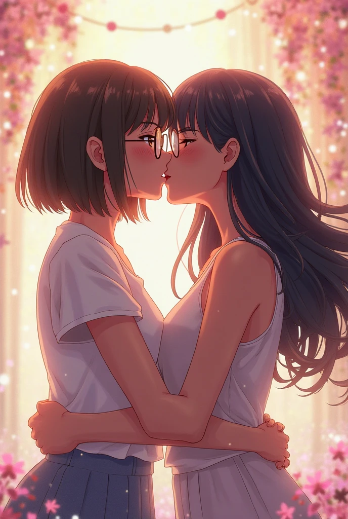 there are two japanese women that are kissing each other in the same picture, lesbian kiss, portrait of two girls kissing, kiss mouth to mouth, kissing together cutely, lovely kiss, kissing each other, kissing together, lesbians, licking out, licking tongue, kissing, kiss, lesbian, licking, dreaming of kissing a girl