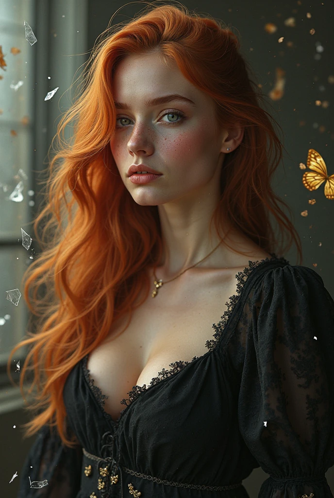 (solo, full body photo:1.3), (action packed:1.3), (haze, fog, mist:1.3), chiaroscuro, best quality, photorealistic, 1woman, (cute), (24yo:1.2), redhead, long ginger hair highly detailed, 1700'S, digital photography, art by artgerm and ruan jia and greg rutkowski surreal painting gold butterfly filigree, broken glass, (masterpiece, sidelighting, finely detailed Fashionable eyes: 1.2) (perfect oval large eyes that gazes at the viewer), beautiful detailed face, blue gorgeous perfect eyes, (blonde hair ponytail), (attractive young woman:1.3), (thick amazing hair), (seductive:1.1), (blushing:1.1)