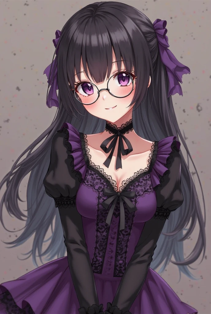 ((best quality)), ((highly detailed)), , (1girl), (glasses), top view, looking at viewer, looking up, cowboy shot, ((very wide shot)), <lora:Ombre Hair:1>, ((ombre black hair)), two-tone hair, multicolored hair, <lora:hairdetailer:.6>, <lora:Lydia_Deetz:1>, Lydia Deetz, black hair, topknot, (purple eyes), (eyeshadow), pale skin, lipstick, makeup, smiling, long dress, (outside, <lora:alley-wasabi:1>, allywall, stone wall, lamp, afternoon)
