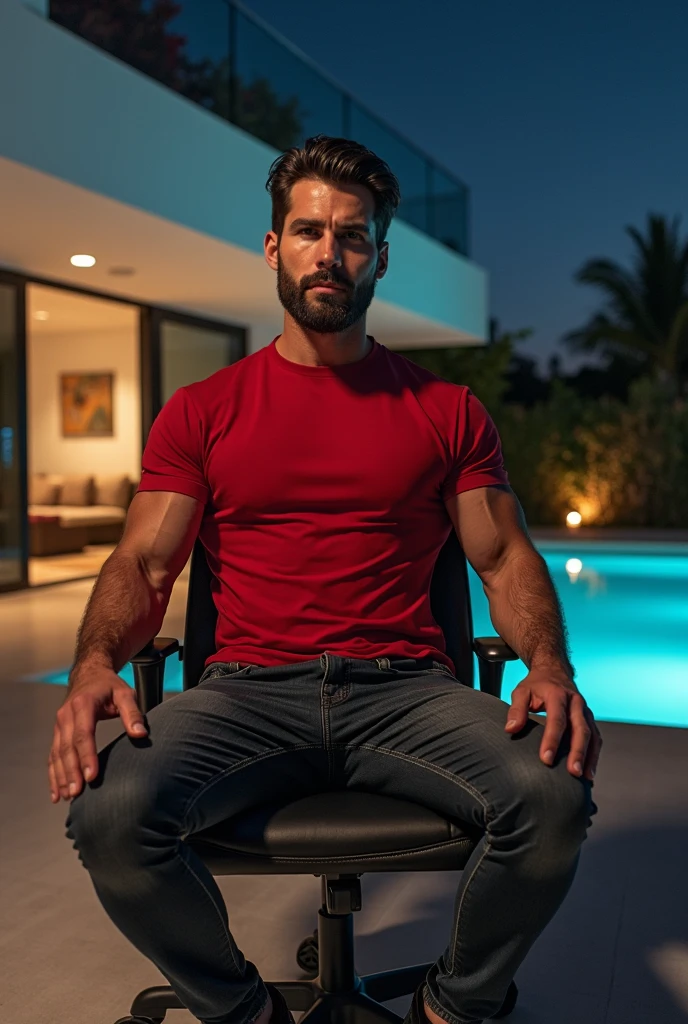 Brasileiro de 30 anos. handsome and has a muscular chest and big arms. In a modern apartment and sitting on the sofa next to a large glass window, vestindo terno azul marinho e meias pretas, Still cinematic and highly detailed, cinematic lighting, hero's vision, terno trabalhando
