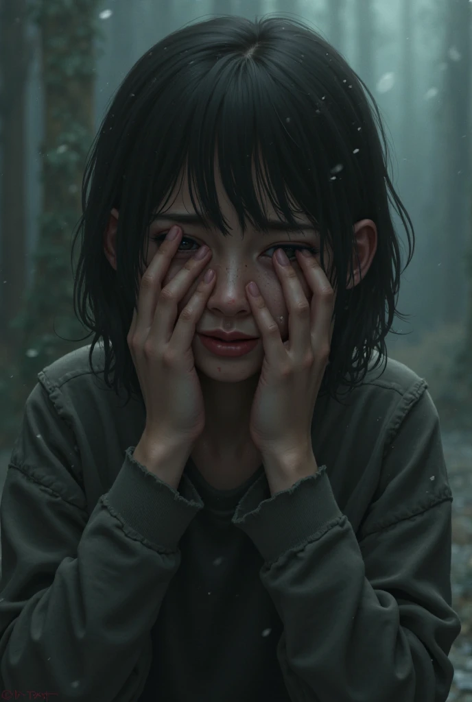 (anime, digital paint, 1 young girl crying with determination in her eyes, plotting escape, old wooden cage, shadowy corners, flickering candlelight highlighting her resolved expression, dark and twisted interior of the candy house, a mix of fear and hope)