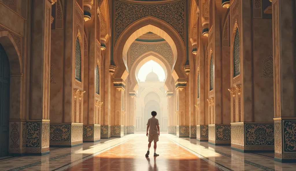 A man wearing a summer shirt and summer shorts looks from a distance at the Grand Theater of Rabat, very realistic and real