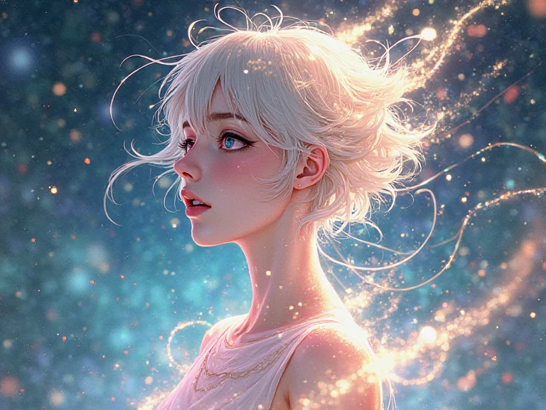 (In 8K, Highest quality, Tabletop, Ultra-high resolution, High quality face:1.5), (Lots of details), (Android in the form of a girl:1.3),(Realistic feel:1.4) (View diagonally:1.6), (Very white skin, Clear skin, Glowing Skin:1.4), Pin Spot Light, (The eyes are connected to the universe through high-performance lens eyes. Fine pupil, Shining round eyes, Long eyelashes:1.5), Shiny, wig hair, Duck mouth, Gloss Lip, de luz, cute, fresh, ((de luzドレスを着る Silver Border)), The eyes are connected to the universe through high-performance lens eyes. Fine pupil, Gathering sparkle in your round eyes, Long eyelashes:1.5), Light from above, Light from below, Light from the side, すべてのde luz融合点に立つ, Lighting by world-class AI creators, Digital Art, Light and deep texture