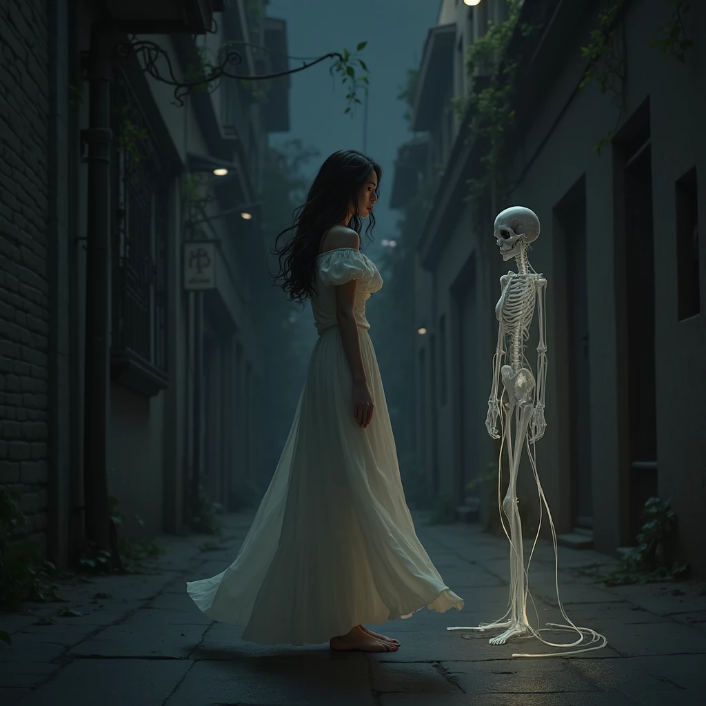 A skeleton in a white kimono with long hair, standing at the entrance of a foggy tunnel. The skeleton is facing away but turned to look back over its shoulder.