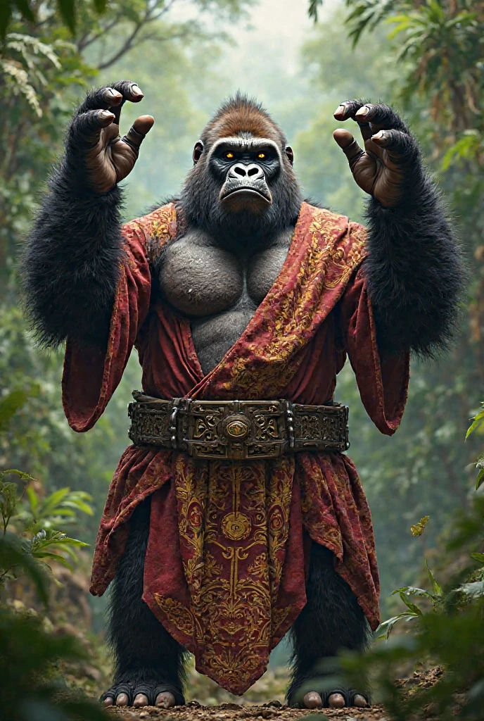 A mysterious Japanese warrior ape man , the atmosphere is heavy and sad. It's very detailed and in the atmosphere of the old quarter of the time