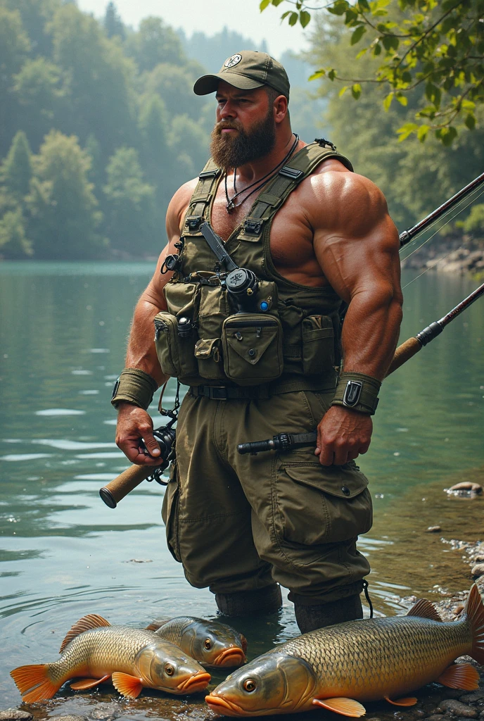(masterpiece, 4K, ultra detailed), Jason Voorhees, single, Jason's white mask, masculine, simple coloring, smooth shading, outside, lake, realistic, cartoony, red shorts, underwear, muscular, eight-pack, shirtless
