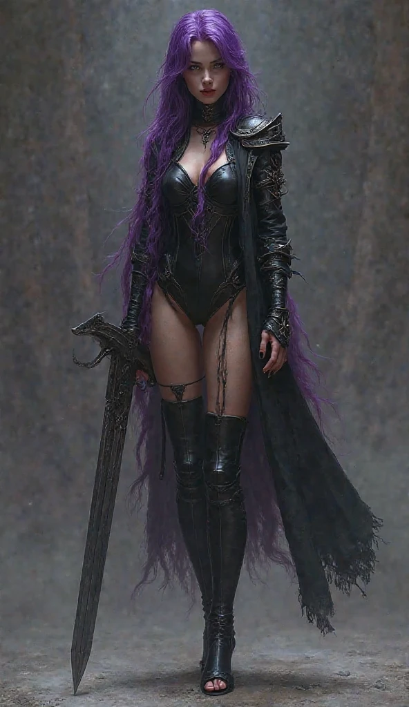 Illustrating Marionne, the demon huntress, She has long wavy lilac violet hair and gray eyesclad in a form-fitting black leather outfit, comprising a wine leather trench coat, a snug red corset embellished with belts and chains, coordinated pants, long leather boots for added defense and a gothic flair, wielding a large sword with a skull-adorned guard and a realistically styled hilt, against a dark backdrop to enhance the mysterious aura, Illustration