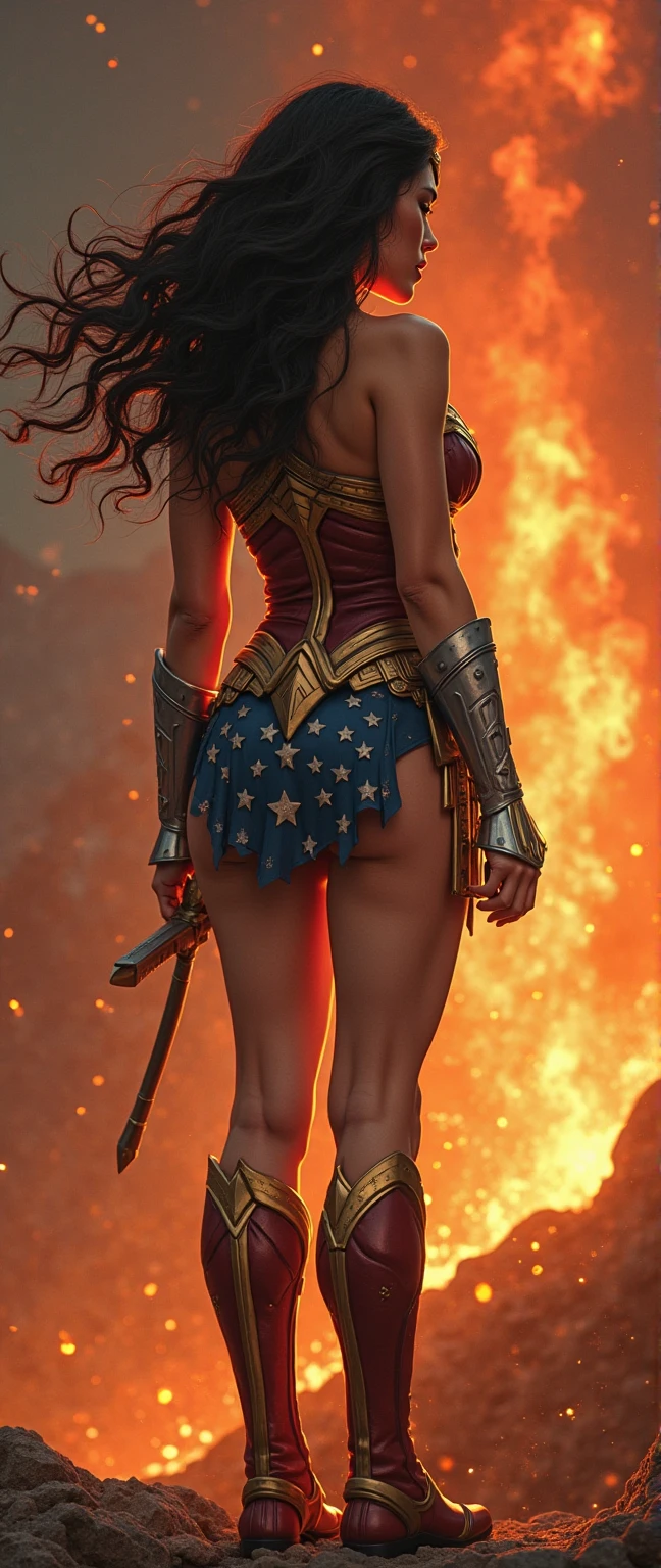 (masterpiece), best quality, perfect back, 4k, UHD, ultra detailed, clean image, denoise, 1girl, solo, Wonder woman, big breast, withe bra and small panties , earrings, showing her big bottom and tite pussy closeup camera