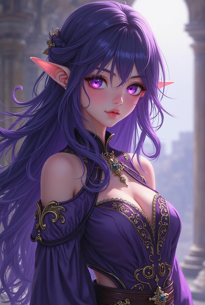 ((Best quality)), ((masterpiece)), (detailed: 1.4), (NSFW)
Beautiful woman, one girl, very detailed eyes, very detailed hair, very detailed clothes, very detailed face.
((Purple eyes)), ((black hair, ponytail hairstyle, wavy hair, long bangs)), ((elf ears)), earrings, piercing, tanned skin, ((blue short dress, off shoulders)), large breasts, cleavage, open clothes, thick ass, choker, necklace, beautiful eyelashes, sultry eyes, juicy lips, soft blush, smooth skin, freckles, natural eyebrows.
Posing sexily, provocative, looking at viewer, in love with viewer, cinema lighting, standing, bedroom, pink walls, full body.