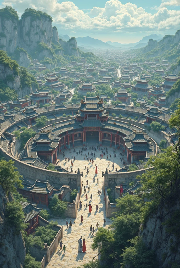 Anime, Create a cultivation sect which looks like a massive city with layers of circular walls, viewed from above ultra detailted homes and people in traditional chinese clothing are seen from above as well ultra detailed image