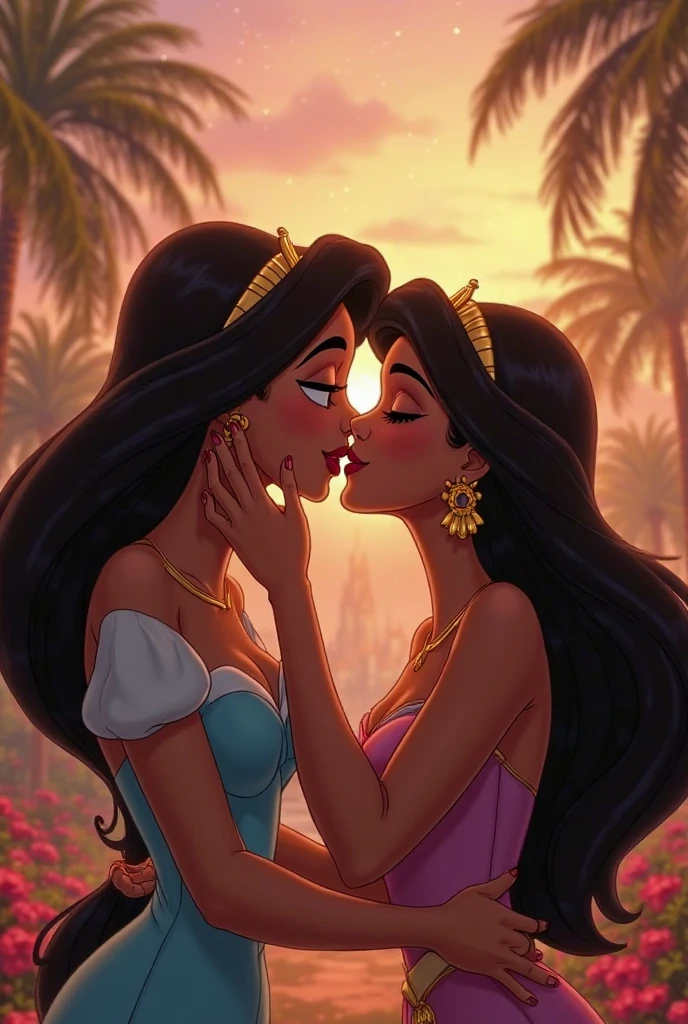Princess Jasmine having lesbian sex with Jessica rabbit. Neither of them are wearing any clothes, completely naked scissoring each other.