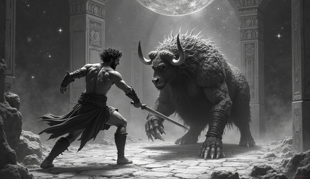 araffe and a man in a dark room with a large monster, from the tusk movie, bigstudiovfx, still from movie dune, film still from movie dune-2021, unicorn from the tusk movie, jaime jasso, the best on cgsociety, cgi art, cgsociety award, warrior fighting in a dark scene --auto --s2