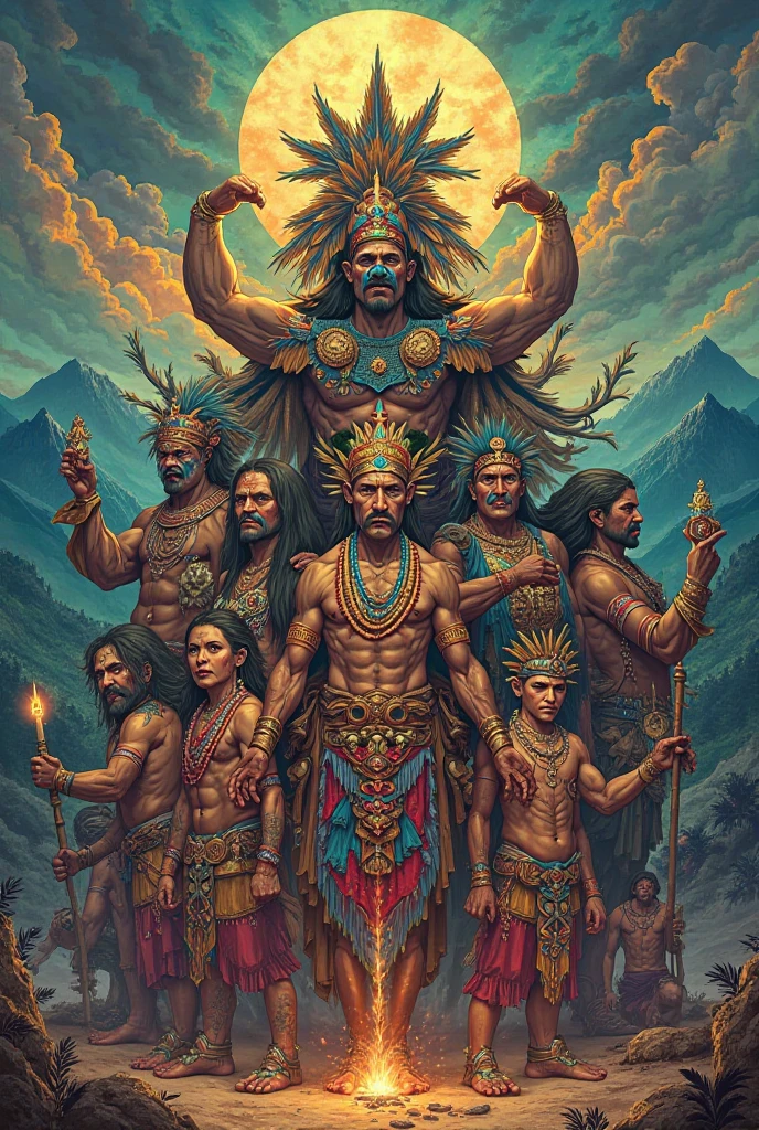 Two Mayan gods creating wooden men 