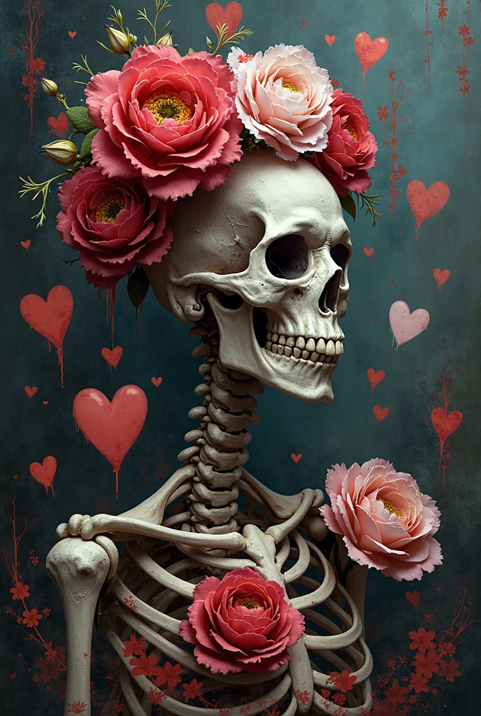 Skeleton with a heart on the chest,surrounded by roses, day of death!, Jour des morts, Love and death, day of death. 8K, day of death!!, day of death, (day of death), ( day of death ), celebrating day of death, day of death