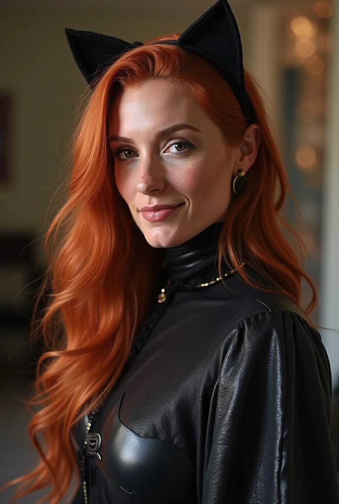 close range photo of <lora:sd15_ChandlerLovelle_v1:.9> ChandlerLovelle with red orange hair, focus on smiling face, wearing a pant suit , her hair is styled as side-swept bangs hair,