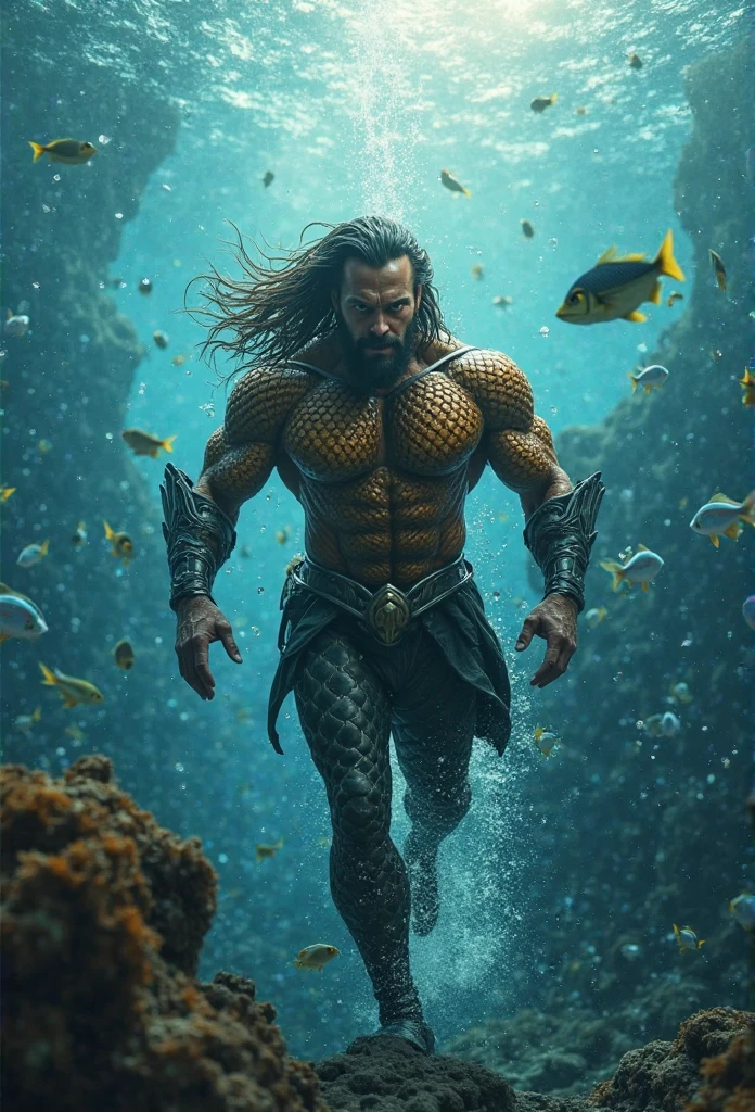 A beautiful and giant marman, in the ocean, bubbles, realistic, black hair, gold eyes