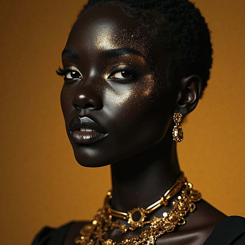 (Masterpiece) An incredibly detailed photo of an extremely beautiful and sensual black woman made of broken pieces of gold, golden-eyed, dans le style du bio art, Raw metallicity, Mastery of black and white, Golden African influence, couleur pure, gros plan, femme, File photo, Masterpiece, Best quality, High quality, Highly detailed 8K CG Unity wallpaper, paysage, award-winning photograph, Hdr, Tendance ArtStation, tendance CGSociety, complexe, High detail, lighting cinematic, beautiful woman, humanoide