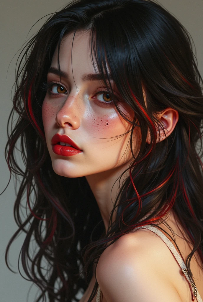 Realistic oil painting from Marvel comics 200s style : A Korean woman, 19 years, with long half white half black hair with orange highlight, and bangs, heterochromia red right eye and white left eye, slepy eyes, freckles all over your body and face, arched eyebrows, septum piercing.