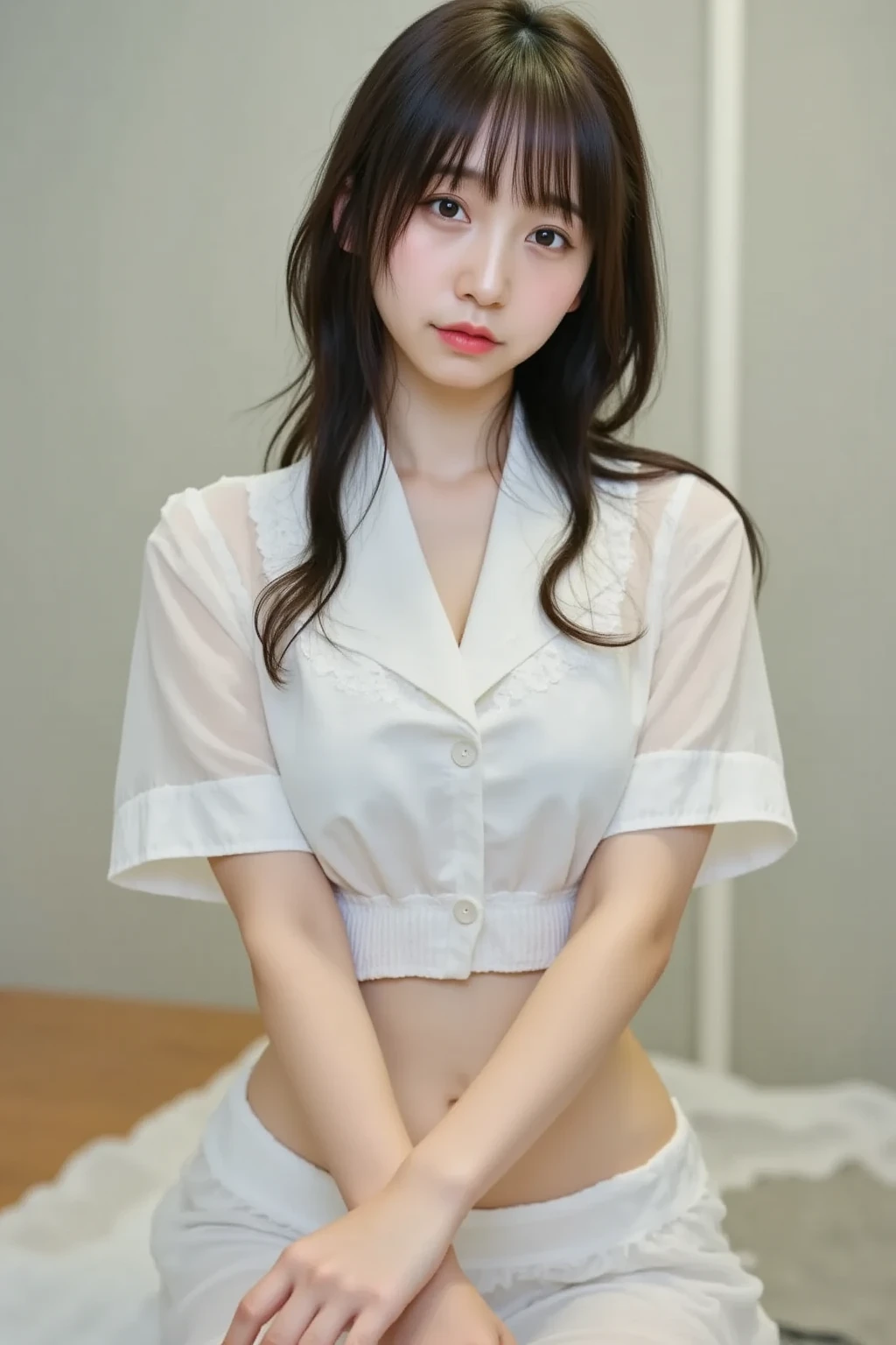 ((Highest quality)), ((masterpiece)), (detailed), Perfect face masutepiece, Best Quality, Illustration, Ultra-detailed, finely detail, hight resolution, 8K Wallpaper, Perfect dynamic composition, Beautiful detailed eyes,Medium Hair,Small breasts 、natural color lip, Bold sexy poses,20 years girl、Cute、Sexy shot looking at camera、wide angle、full BODY、taking off clothes、, standing,covering  with hands, wet body, skirt,dress shirt,stockings,see-through,office lady,secretary,standing,wet body