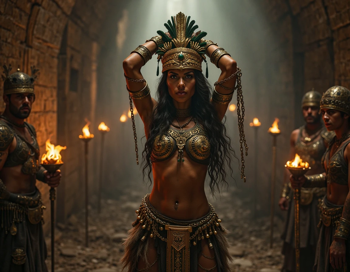 The scene is atmospheric and open, ancient mesoamerican clothing style, 1 caucasian female human with head cover bird feather in front of many warriors, black robe with gold tribal pattern, many large gold necklace, black inner clothes, holding a golden rod, revealed cleavage, (detailed costume details, detailed clothing light sense), faintly appearing, detailed bird feather details, somber and mystical feeling, the background is cloudy, realistic photos, 8k, elegant pose facing camera
