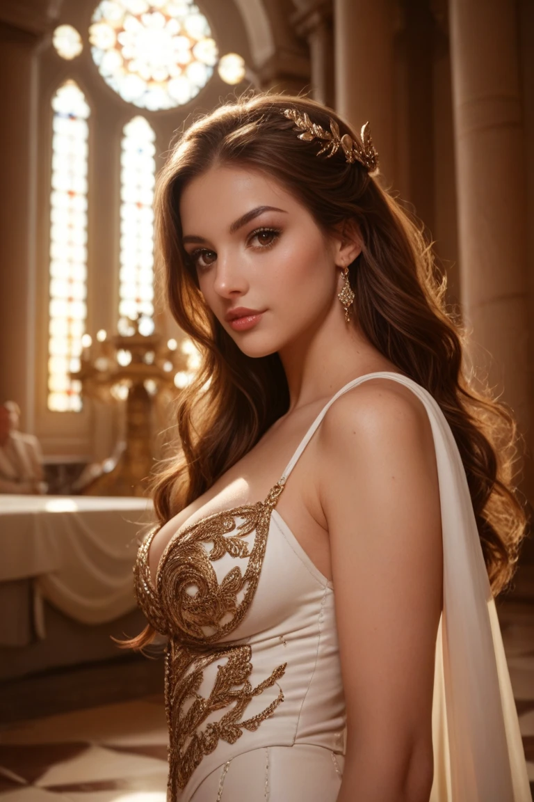 Create a high-resolution character portrait of a young, beautiful woman with an enchanting appearance. She has long, voluminous, wavy brown hair that cascades down her shoulders. Her eyes are large and expressive, and her makeup is flawless, enhancing her natural beauty. She is wearing an elegant white robe with a deep neckline, cinched at the waist with a golden belt. The gown has a Grecian-inspired design, flowing and graceful, highlighting her feminine silhouette. She accessorizes with gold jewelry, including a statement necklace, large earrings, and matching bracelets. The background is simple and light-colored, focusing attention on the subject and giving a classic, timeless feel to the portrait, full body shot