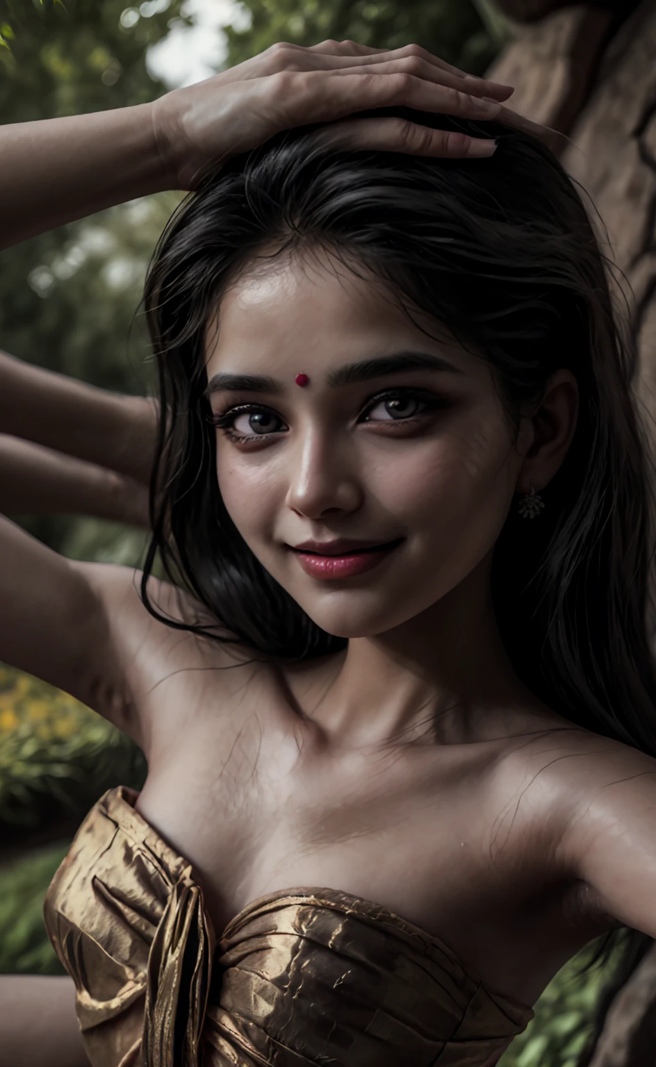 Portrait of A confident-looking Indian princess from Kamasutra with long flowing hair, hazel eyes, without flowing capes, Cleopatra fabric with laces, c-cup breasts, sitting in the grass, water background, bokeh, perfect composition, hyperrealistic, super detailed, 8k, high quality, trending art, trending on artstation, sharp focus, nude studio photo, intricate details, highly detailed, art by Greg Rutkowski, Best quality, masterpiece, ultra high res, (photorealistic:1.4), raw photo, DARK hair, shiny skin, WET BODY, dramatic lighting, full body, huge breasts