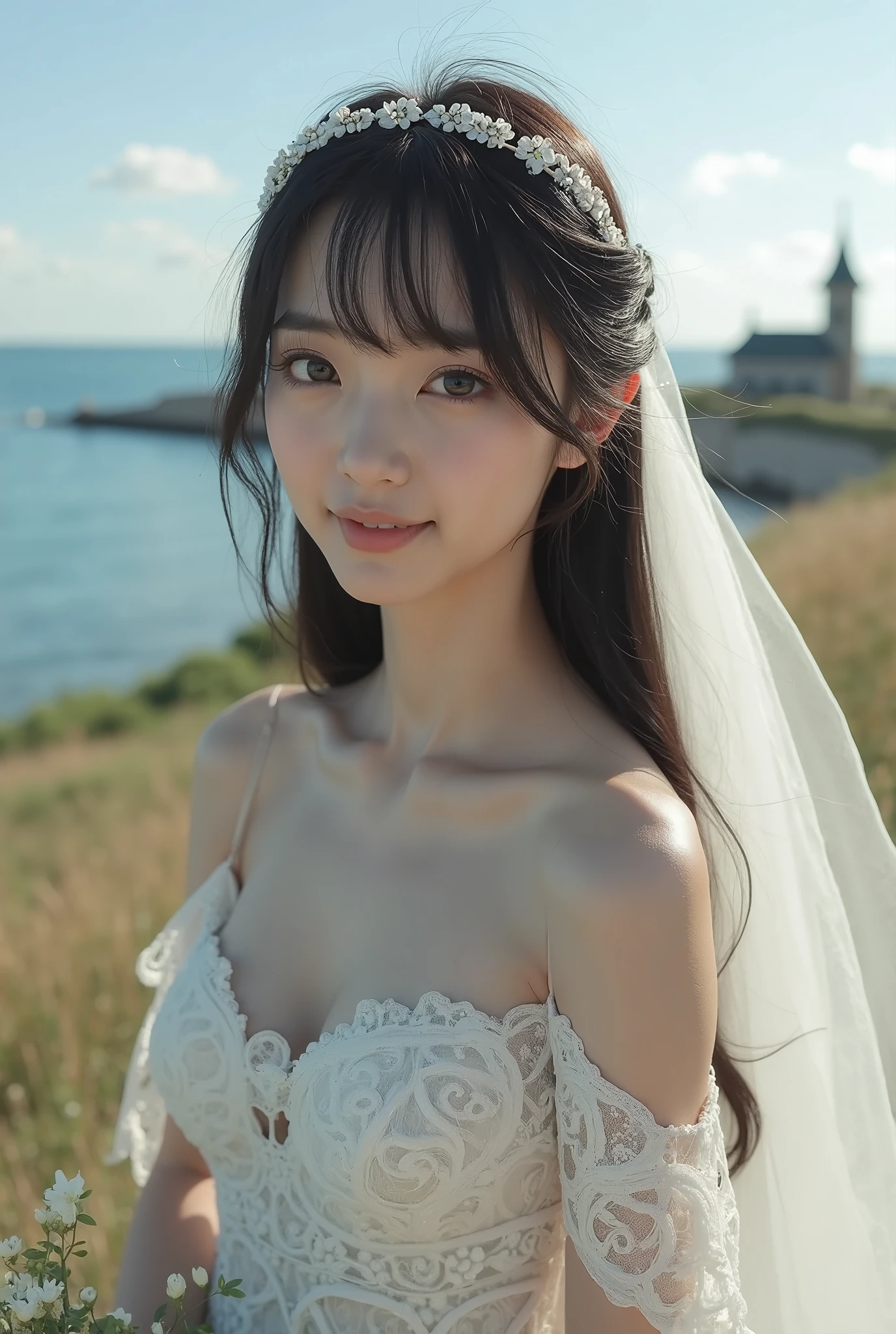 (masterpiece, 8K, high quality, high resolution), Skinny Japanese woman, age 30s, cute face, (detailed face), (detailed eyes), Under the moonlight, draped naked-body in a white veil, standing by the lakeside in the night.
