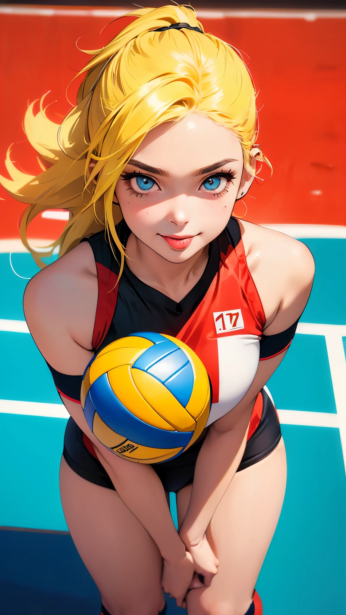 ((Ultimate cutie)), perfect hands, perfect finger, (((good anatomy))), detailed beautiful face, shiny hair, (((gyaru))), (potbelly), (curvy), medium breasts, ((Thick thighs)), (((solo))), ((seductive smile)), (((blush))), (half open mouth), 
BREAK, (((sit astride the perfectly spherical shape 6-inch volleyball))), (((Straddling a perfectly spherical 6" volleyball))), (((Perfectly spherical 6" volleyball fits perfectly crotch))), BREAK, (((Rub the  Perfectly spherical 6" volleyball against crotch))), 
BREAK, (Collared volleyball uniforms), sleevelesuruma)), ((kneepad)),  juice stained, (elbow pad), (((sweat))), (((covered in sweat))), ((deep breathing)), in Volleyball Court, indoor, lighting,  looking at viewer, full body, (spoken heart)