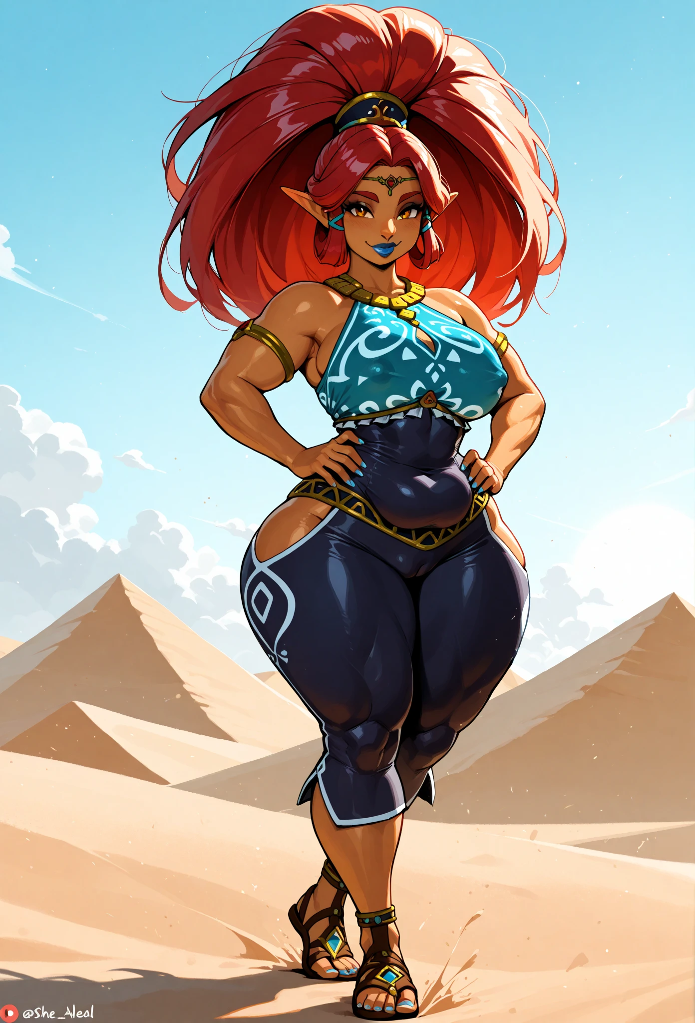 ultra - detailed, Alone, 1 extremely exaggerated tall, strong, plump and sexy girl, full-body portraits, actual, strong, warriors, male people:0.5 Face focus, (Determined gaze:1.0), Dark skin, Dark-skinned women, pointy ears, redheadwear, green-eyed, lipsticks, blue lips, (strong facial features), large nose, (Wide nose bridge:0.5), strong nose, Long Nose, ((long narrow face)), (Strong cheekbones), (Narrow chin), jewely, (gold ring on forehead),She has extremely exaggeratedly huge thick breasts,Abs,Extremely exaggerated and huge thick buttocks, Super long big thick legs,Extremely exaggerated thick leg muscles,Wearing a jewelry chain to cover the body,Gorgeous gold high heels,A desert, Detailed pubic hair, lightly blurry, Film full body portrait photography, 35㎜ film, cinematic ligh,full body shot shot。