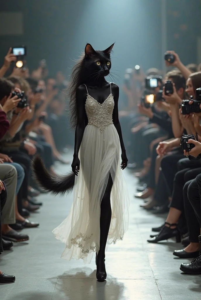((full body)), Norwegian Forest cat walking down a runway in a sleek, black evening gown with a long train, sparkling jewelry around the neck, dramatic lighting, audience in the background, cinematic, high realism, bright contrasting colors