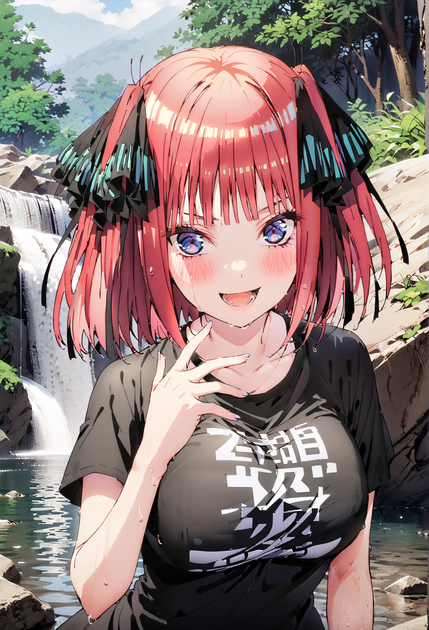 Nijino Nino , short hair, bangs, blue eyes, hair ornaments close to the garden, hair bow, pink hair, blunt bangs, two side up, butterfly hair ornaments close to the garden,smile,blush,opens her mouth,black string panties,Big Breasts, Chest Valley,black oversized t-shirt standing playing in the water,The hem of the shirt is tied,denim micro shorts,Bare legs,Wet Skin, wet clothes,wet hair,sunlight filtering through the trees,river遊び,水遊び立っている,full bodyがイラストに入るように, break outdoors, nature,river,waterfall,Mountain,forest,
break looking at viewer,full body,
break (masterpiece:1.2),Highest quality , kampala, Unity 8K Wallpaper ,(shape:0.8),( fine, beautiful eyes :1.6),It's a person ,full body写真,CG Details , (perfect hands, complete anatomy),