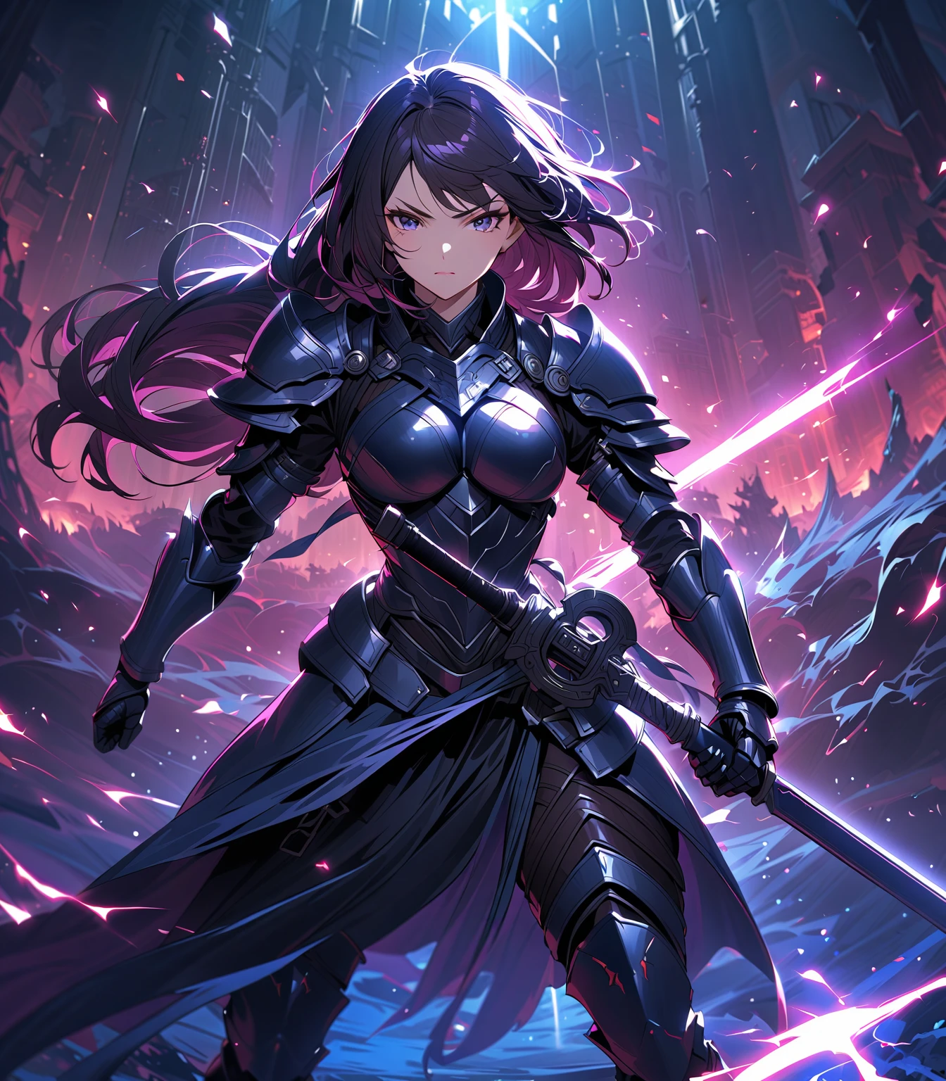 Mujer zorro con armadura y casco con mascara lisa de cara completa negros, technology with energy swords, pelo morado con rojo