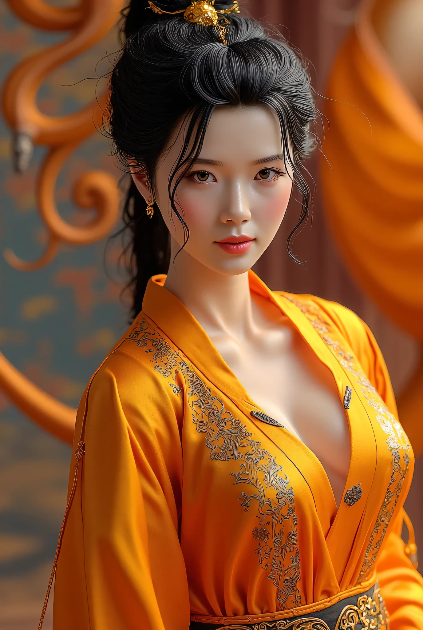 A beautiful dancer in ancient China,delicate lines,gorgeous costumes in ancient China,delicate and vivid,shy face,willow leaf eyebrows,personality depiction,coiled hair,gold leaf,flowing clouds,watercolor,crane surrounding,ink painting,gentle eyes,meticulous, color scheme,exquisite clothing patterns,by Gu, Kaizhi,Zhang Xuan,professional color grading,realistic style,soft shadows,clean and sharp focus,Flim photography,Panoramic View,32K --v 6