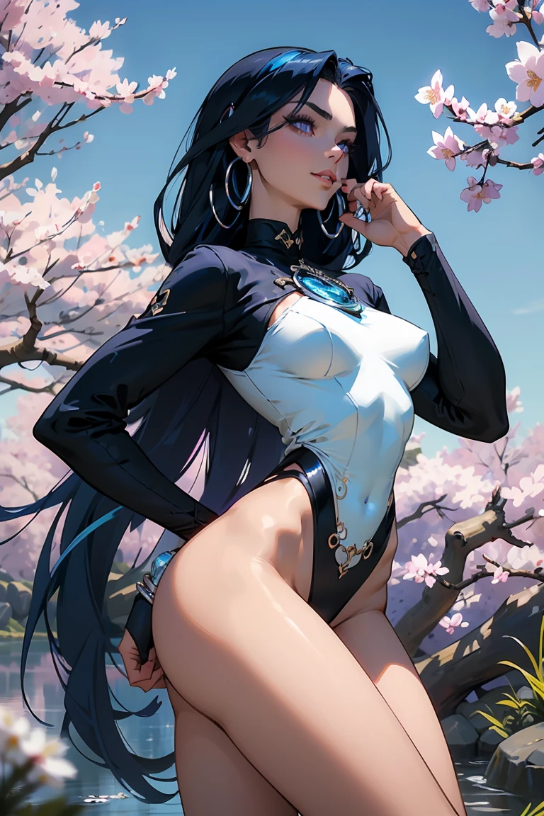 TheSpirit, floating hair ,((blue skin)),green eyes,navel, solo, beach, close up, blush,black skirt, SpiScho,very Long hair, fingernails, black stockings,huge black thighhighs, (insanely detailed, beautiful detailed face, masterpiece, best quality), spread legs, grab belly, ((fitted crop top)),wide hip, underboobs, gigantix breast, erect nipples, chuby thighhighs