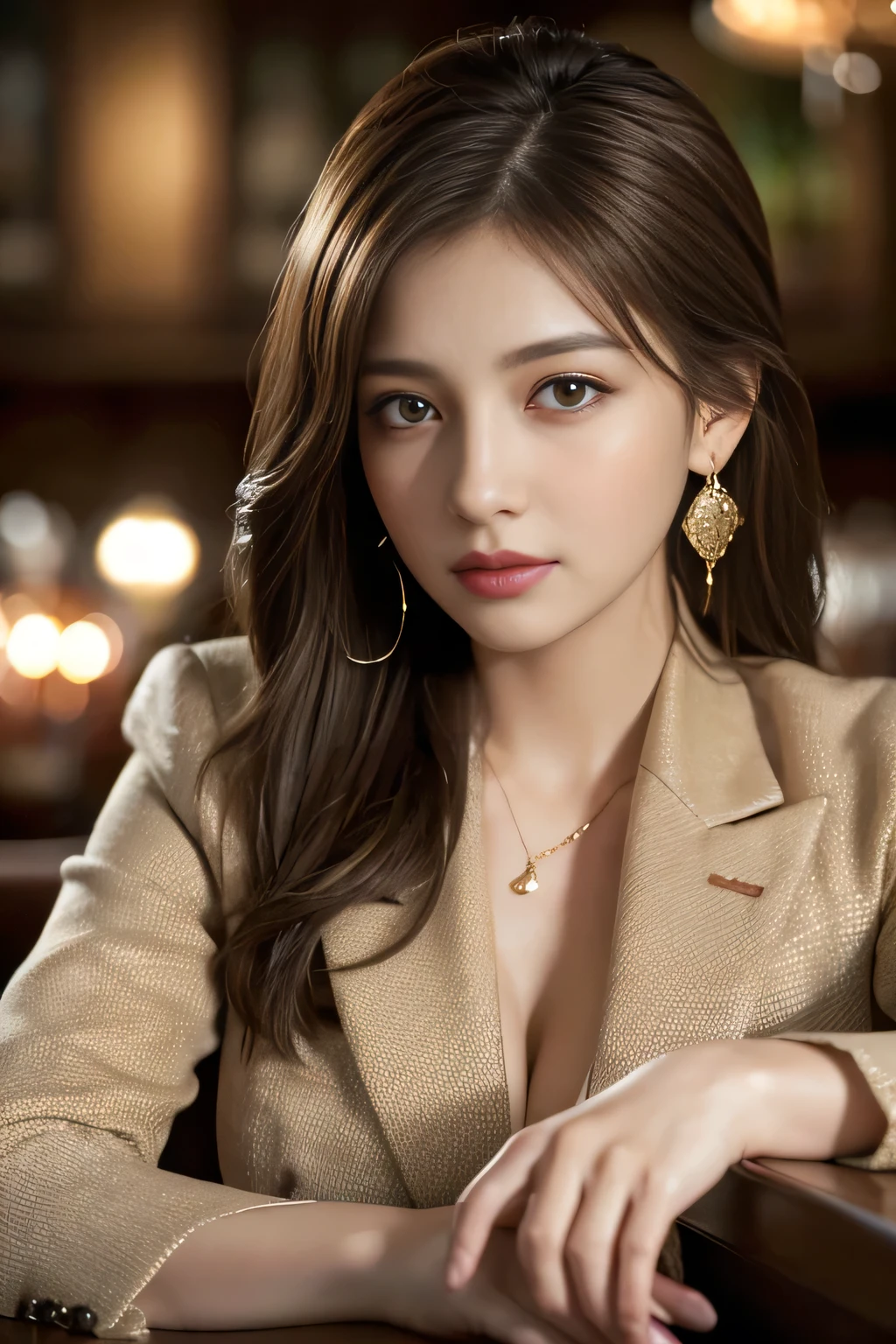 masterpiece, Highest quality, Realistic, Very detailed, Finer details, High resolution, 8k wallpaper, One beautiful woman, Wear a nice suit, In a great restaurant, At night, Light brown messy hair, Perfect dynamic composition, Beautiful and beautiful eyes、Big earrings、Sit on the sofa