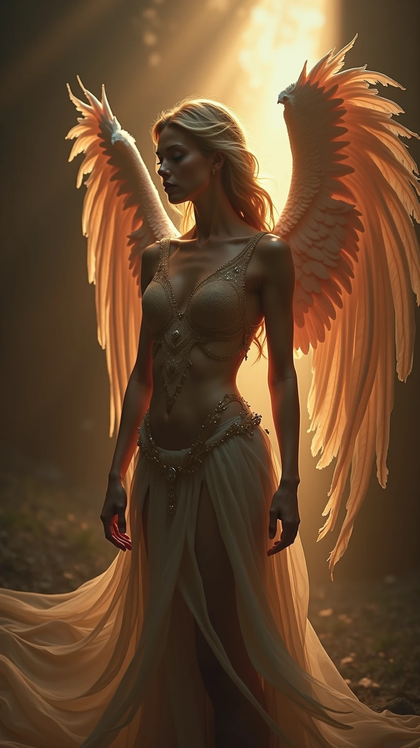 cinematic photo Full from, concept art, aggressive, (by Apterus, Agostino Arrivabene, John Berkey:1.3), (a topless blonde woman a naked fallen Angel), 8k, octane render masterpiece, masterpiece scale, beautiful depth of field, ultra wide field, ultra detailed CG perspective, ultra dynamic lighting amazing shadows, dramatic lighting, 35mm photograph, film, bokeh, professional, 4k, highly detailed (vagina Showing), cinematic photorealistic, 8k uhd natural lighting, raw, rich, intricate details, key visual, atmospheric lighting,  Gabby_Stallone