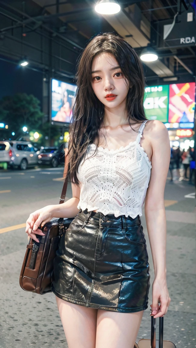 High quality, best quality, 4k, 8k, photorealistic A 20 year old Japanese woman is standing outdoors in a bright sunny day. She has shiny black hair in a ponytail, beautiful sparkling black irises, and is (wearing a black wire mesh sweater and small red shiny shorts:1.3). She has her hands clasped together in a natural pose. The background is blurred, but some greenery and buildings are visible, giving the feeling of being in a well-maintained urban area.