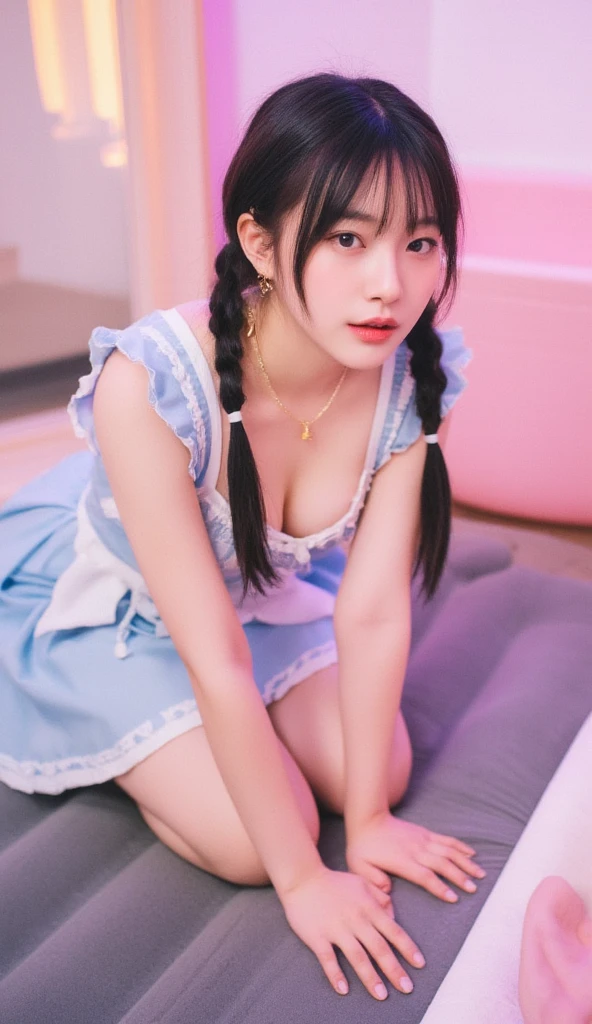 gp1, ((Best anatomy:1.2)), ((topless:1.3)), ((completely wearing sky blue and white polka dot pattern pleated skirt:1.5)), (completely sky blue and white short skirt:1.5)), ((Perfect 8-headed body:1.3)), ((extraordinary accurate anatomy:1.2)), ((Very accurate anatomy:1.2)), ((extraordinary well-proportioned body:1.2)), ((extraordinary beautiful body:1.2)), ((extraordinary sensational body:1.2)), ((extraordinary sensational pose:1.7)), ((slightly crab crotch:1.1)), ((slightly squatting down:1.2)), ((slightly legs wide open:1.1)), ((nsfw, spread pussy:1.4)), ((naked left thigh)), ((without bottoms)), ((without pants look:1.2)), ((without pants)), ((without trousers)), ((without panties:1.2)), ((completely naked:1.3)), ((completely nude:1.3)), ((completely nudist:1.3)),(Lolita:1.3),(Idol:1.6), (Lots of Skin:1.11), ((perfect skin)), Girl 17 years old, ((Cute:1.3)), ((Baby Face)), ((Smile:1.2)), (Slender Body), ((Pretty big breasts)), long hair, Black hair, Twin tails, 4K, High Resolution, ((Masterpiece:1.3)), ultra-definition, extremely detailed 8K, Top Quality, Head:1.3, ((Hasselblad Photo), Fine Skin, Focus), Soft Lighting, Dynamic Angle [:(Face Details:1.2):0.2], ((cleavage of the breast)), ((Rich cheeks)), (full body:1.15), ((extraordinary well-formed body:1.2)), ((extraordinary well-formed right nipple:1.1)), ((extraordinary well-formed left nipple:1.1)), ((perfect body:1.2)), ((perfect right nipple:1.1)), ((perfect left nipple:1.1)), dynamic pose, ((pussy:1.3)), ((perfect Vaginal object insertion:1.1)), ((Do not hide the joint)), uncensored, ((1boy)), perfect 1penis, wet, sweaty, ((doing sex with a black man:1.5)), ((both feet are on the ground:1.07)), ((put your one hand on the penis behind your leg:1.1)), ((ecstacy:1.5)), ((orgasm:1.5)), ((exposed vagina:1.2)),((both feet are on the ground:1.4)),