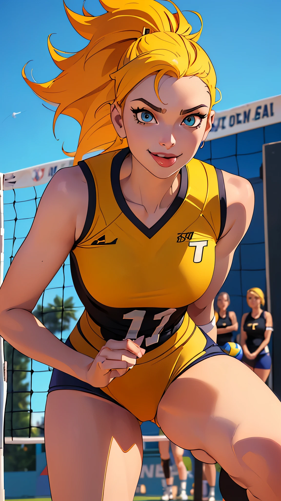 # Prompt for SeaArt
An anime-style illustration of a girl with the following characteristics:
- Wearing a black tank top
- yellow hair
- orange eyes
- Smiling
- Playing soccer
Background:
- Soccer field or a park with a soccer goal
Art style:
- Bright, colorful anime style with attention to facial expressions and dynamic movement
