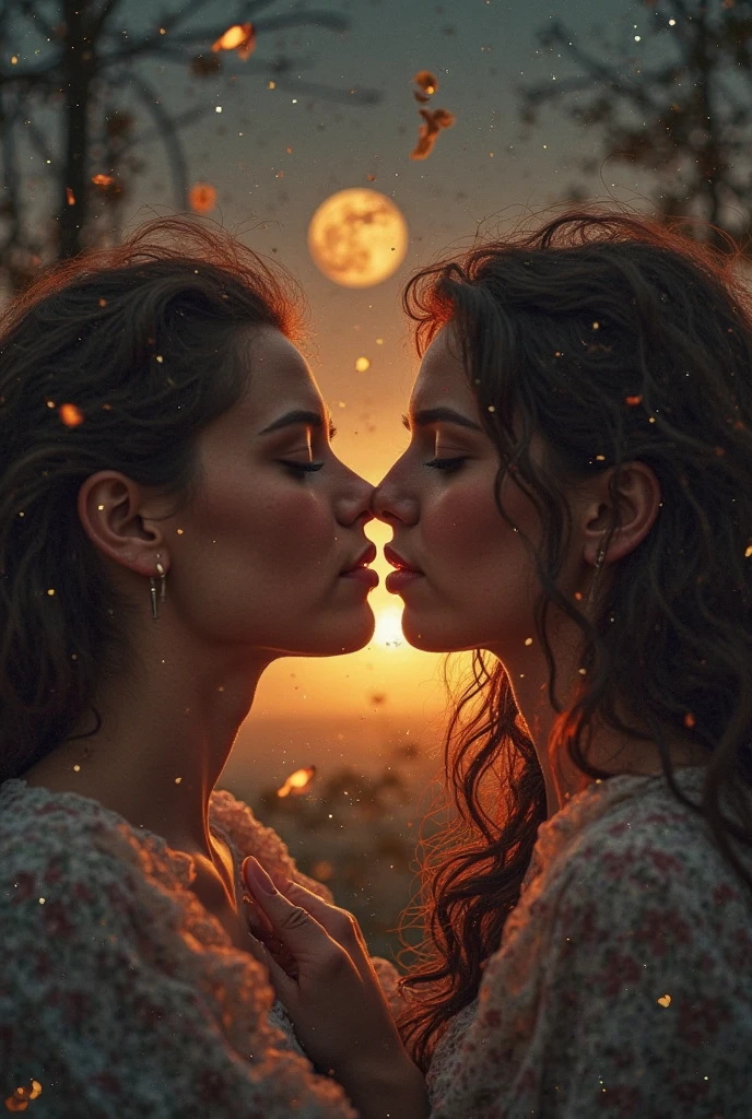 Two young women embracing lovingly, and kissing beneath a night sky. closeup. The stars form a psychedelic backdrop, with the arc of the Milky Way, and a colourful nebula. The women are silhouetted against this panoramic view