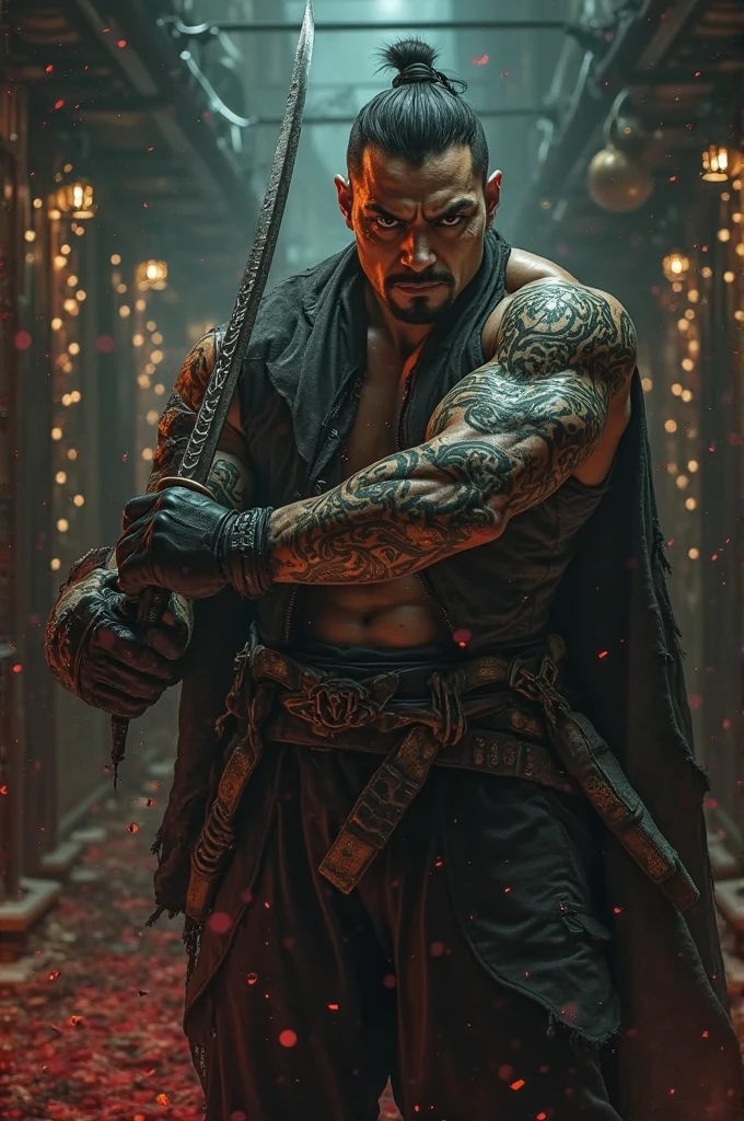 ((masterpiece, high quality, best quality, 8k, wallpaper, detailed, realistic)), samurai swords, korean popstar, full body,simple red background, palm trees, (graffiti wall:1.2), muscular, strong, courageous holding samurai swords

