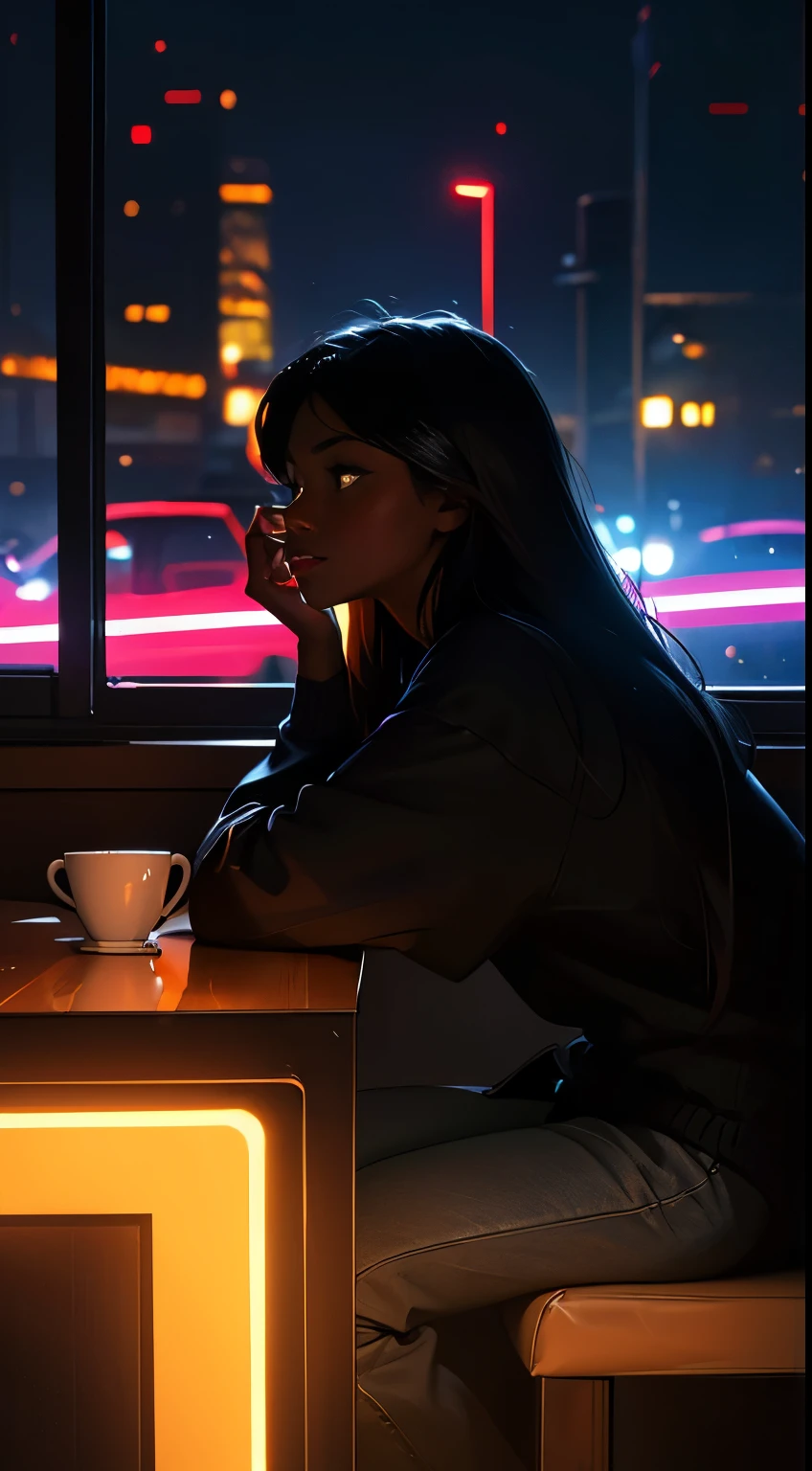 ((masterpiece, better quality, Ultra detailed, ultra high resolution)), ((night)), (distant), chiaroscuro, café, inside the house, focus only, throw, (through the window), (arm), 1 woman,(dark skin), ebony skin, ebony nose, full lips, on the back, black hair, long hair, Distracted, sitting, super realistic plush sweater shirt , (background looking to the side), Street space , neon lights, particles , luminous dark brown eyes ,