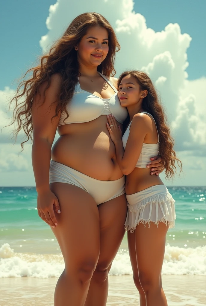 Top quality, 8 years old, (((((1girl)))), solo, pretty big, cleavage, moles on breasts, chubby, thick thighs, long hair, small area bikini, string bikini, bikini with flashy patterns, shiny bikini, full body shot seen from the front, head to toe, standing picture, smile, sandy beach, M-shaped legs spread