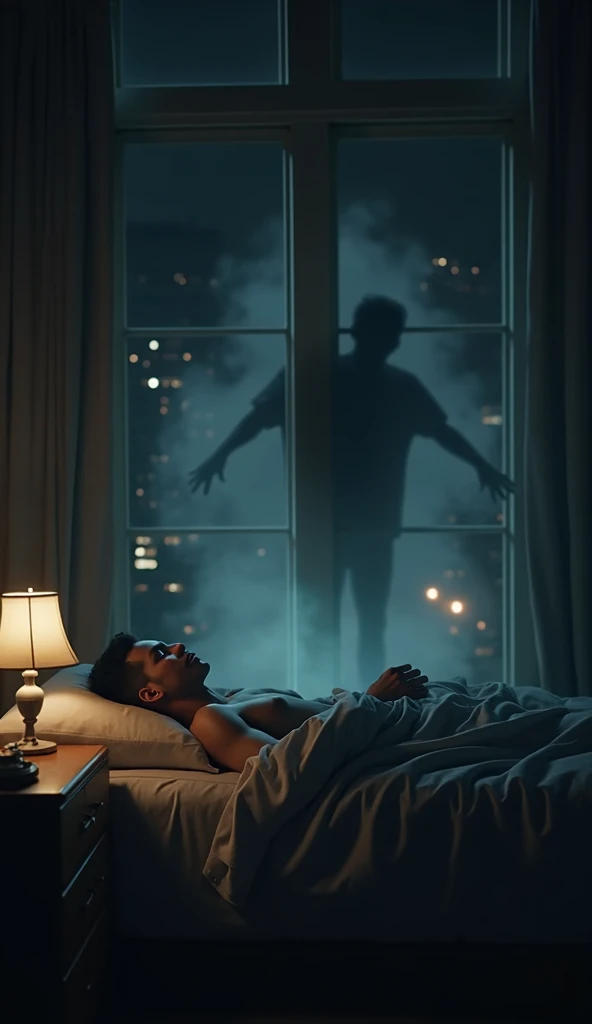 Latin man lying on his bed, open windows, evening, gloomy atmosphere, dark shadow approaches him, spider web in the form of steam on the window