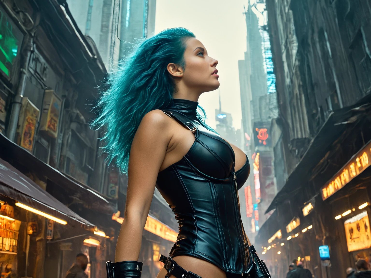 Half body view, light blue hair, long straight hair, black leather corset and panties, tight black leather, sexy corset, wet hair, heavy rain, rain pouring down, heavy rain, dark scene, heavy rain, moody cinematography, dull colours, hyper realistic, highest quality, ultra realistic, extremely detailed, hd, HDR, hyper detailed, professional photoshoot, cinematic, ultra detailed, beautiful body, visually rich, concept art, luminous, intricate details, subtle colors, extremely detailed, ultra sharp focus, light particles, attention to detail, grandeur and awe, stunning visual masterpiece, double exposure, 32k, photorealistic, strong outlines, cinematographic scene, highest quality