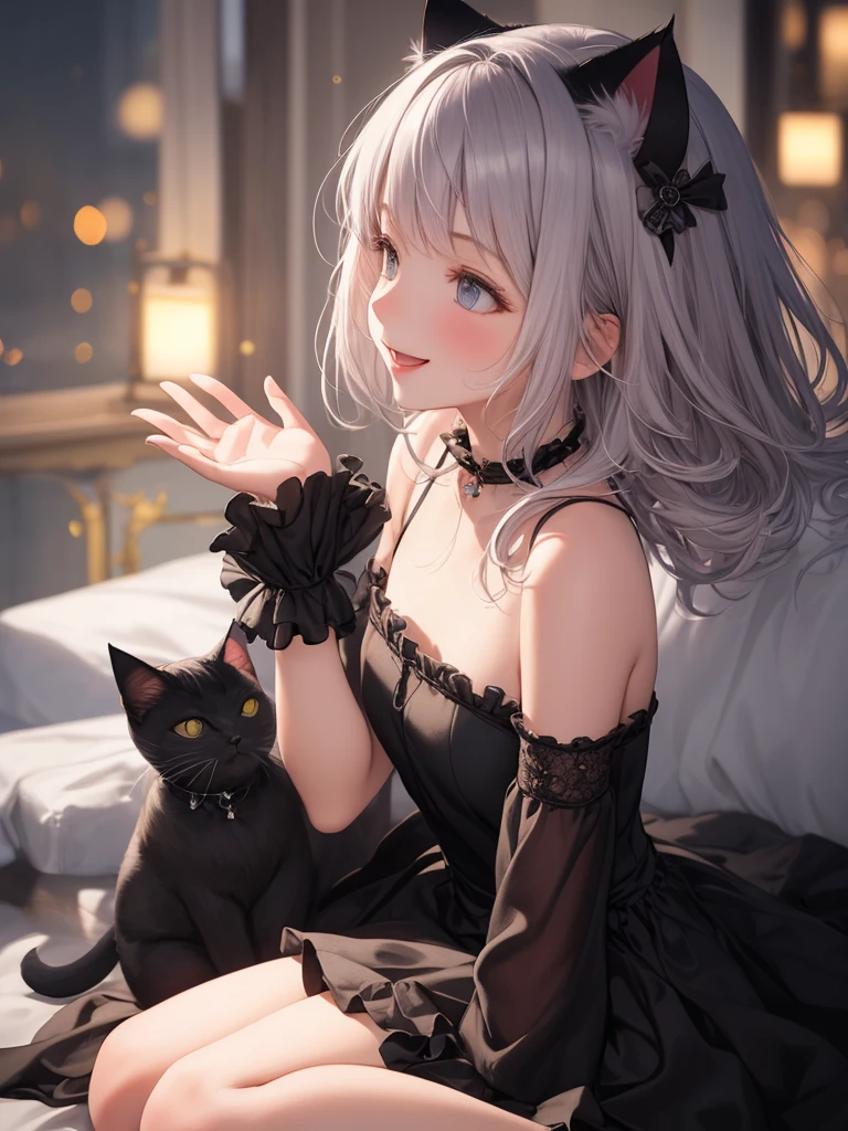 ((Finest quality)),(超A high resolution),(ultra-detailliert),((Best Anime)),sharpnes,Clair,Art with astounding depictions,Glamorous atmosphere:1.4, (dame:1.3,Glittering dresses),Sit on a chair and hold a cat to your chest
