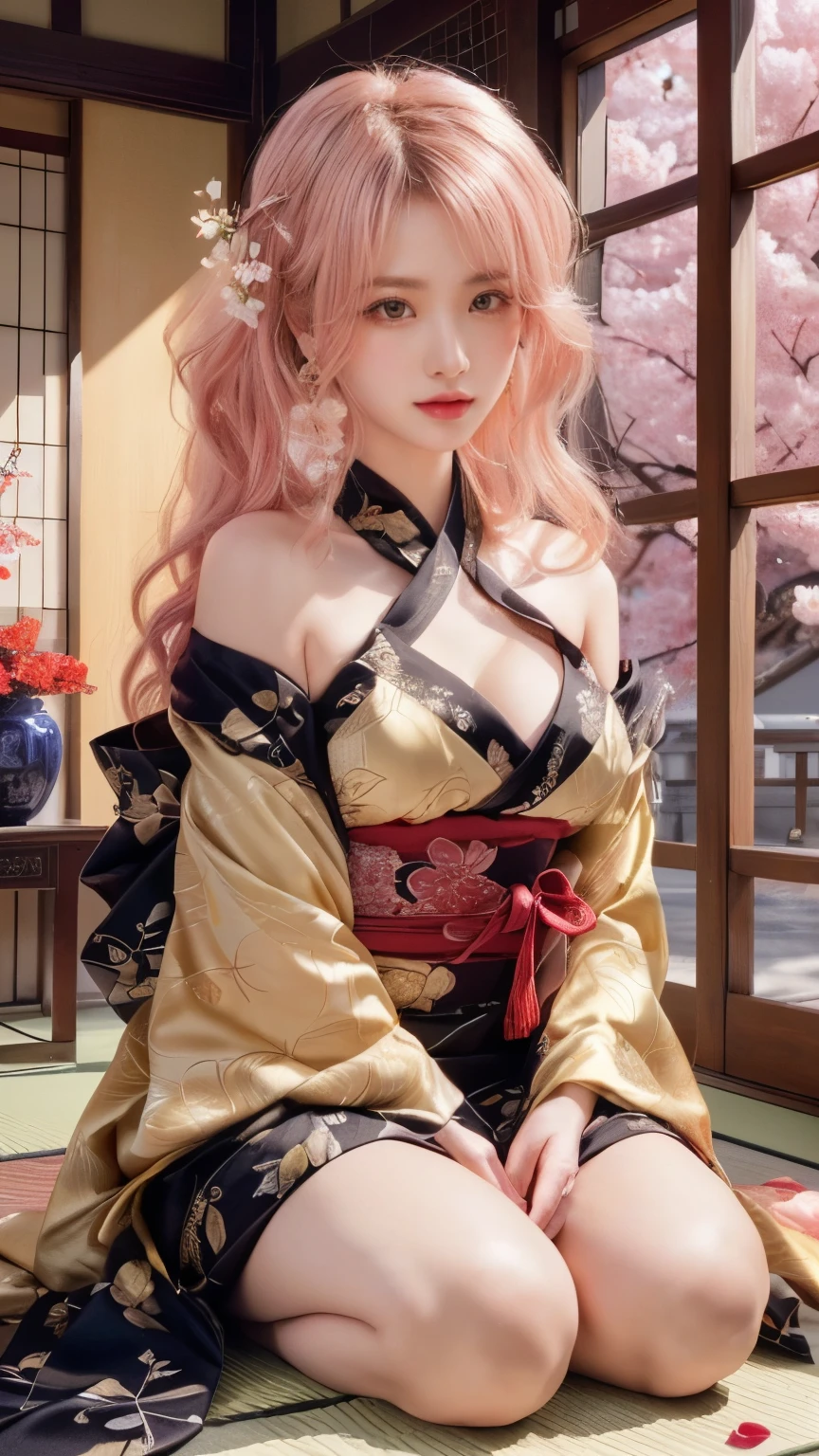 ((ultra-realistic, hyper-detailed, photorealistic:1.5)), A breathtakingly beautiful young woman sitting in a traditional Japanese room, spring atmosphere, sakura blossoms visible through the shoji window. She has long, wavy pink hair with soft curls, adorned with golden hairpins and delicate floral ornaments. Her deep crimson eyes gaze directly into the camera with a gentle and alluring expression. Her fair, flawless skin appears radiant under the warm sunlight.
She is wearing an exquisite kimono-inspired dress with a deep neckline, black and gold fabric featuring intricate golden embroidery of cherry blossoms. A red sash with elegant knots and floral details wraps around her waist. The fabric shimmers under the soft light, showing the finest silk texture.
She sits gracefully in a traditional seiza posture, her hands resting gently on her lap. She wears delicate golden earrings, complementing the refined and sophisticated style. Her makeup is subtle yet enhances her delicate facial features, with soft pink lips and a gentle blush.
The background is a serene and beautifully lit traditional Japanese interior, featuring sliding shoji doors and wooden flooring. Through the open shoji panels, a breathtaking view of fully bloomed cherry blossoms can be seen, petals floating in the air. The sunlight filters through the sakura branches, casting a warm and dreamy ambiance over the entire scene.
((8K, high-resolution, cinematic lighting, soft focus on background, perfect skin texture, lifelike details, highest quality, masterpiece, UHD, film-style realism))