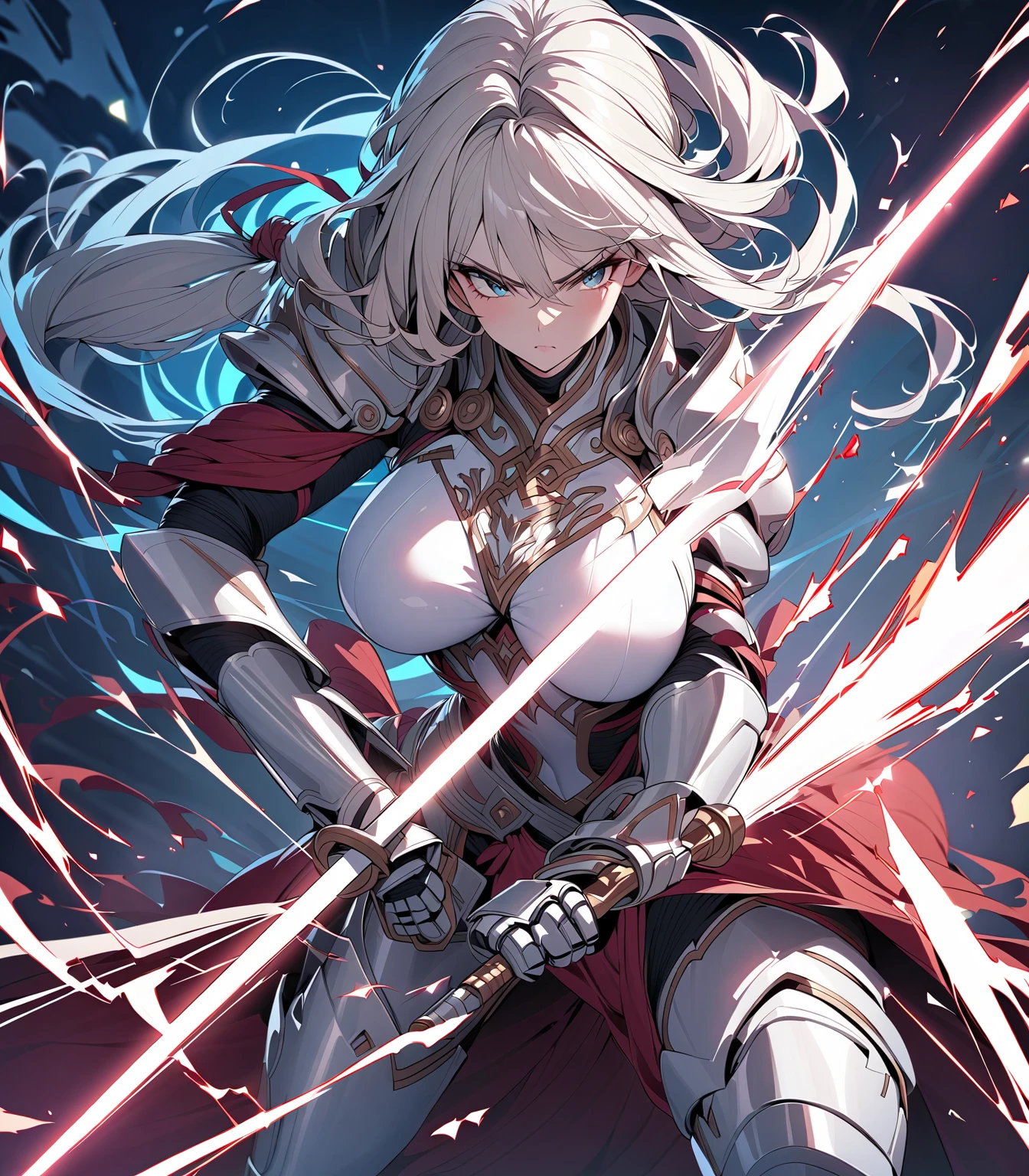 Adult woman, long white hair, high ponytail, blue eyes, magic spear, general form, open breasts, serious look, Masterpiece, best quality, Full HD, 8k, ultra details, great graphic