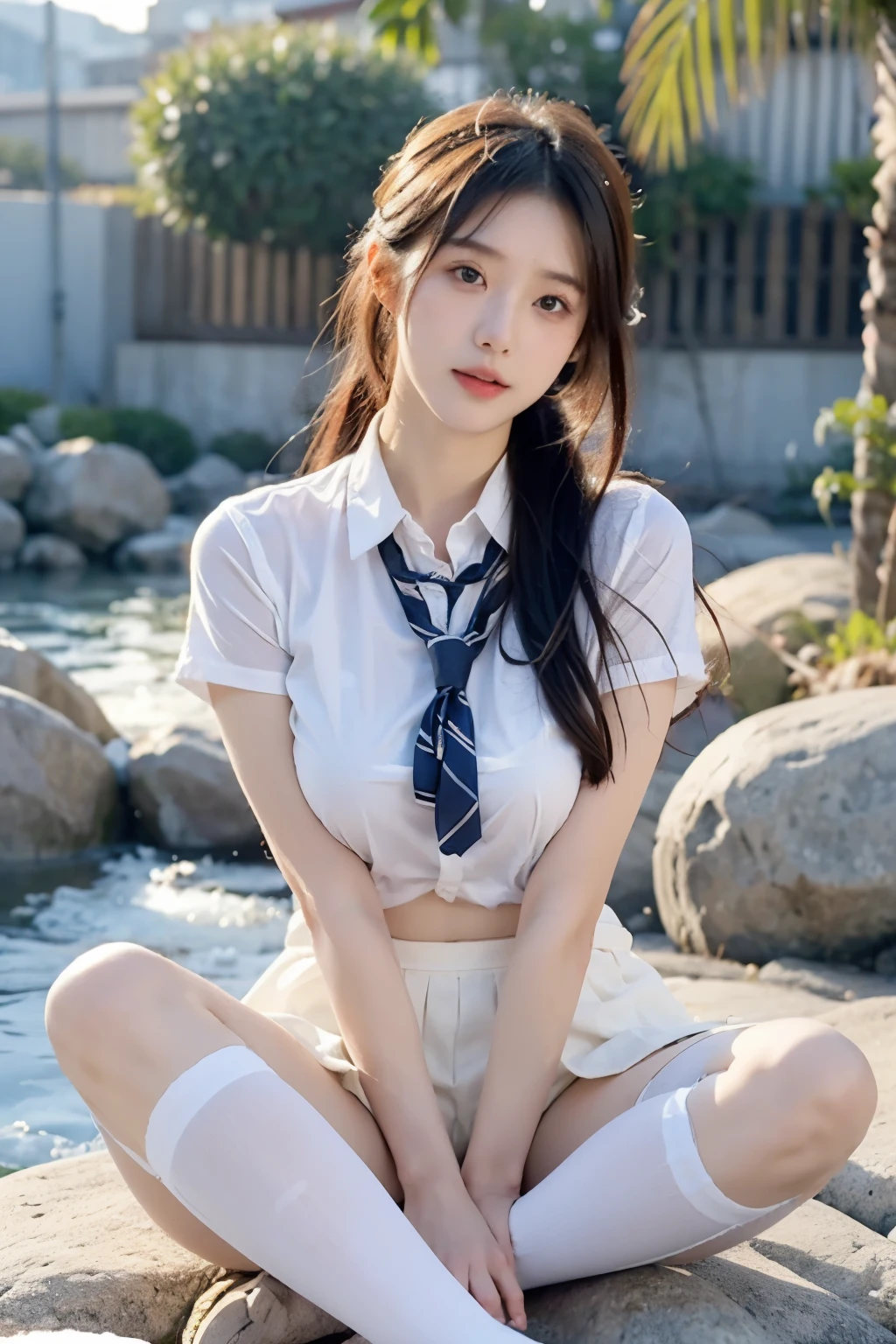 highest quality、17 years old、high school girl 、very cute、((Large Breasts))、((Cute Woman))、(Ecstasy face)、Long brown hair with bangs、Long legs、 Perfect balance、Slim woman、(Increase the resolution)、(8k)、(Very detailed)、(Beautiful big eyes)、Droopy eyes、Earrings、necklace、(highest quality)、(Very detailed)、(masterpiece)、(wallpaper)、(Detailed face)、((white short sleeve sailor uniform:1.3))、Very short white sailor suit、(Navy Pleated Mini Skirt:1.5)、((Perfect Anatomy))、Perfect limbs、Perfect Fingers、((very slim thin thighs))、(Very thin legs)、((barefoot))、(Spread your legs wide:1.3)、(Lift your legs:1.3)、(Navy Pleated Mini Skirtが捲れ上がった:1.5)、(Angle from below)、((White lace panties exposed:1.5))、On the grass in the park、