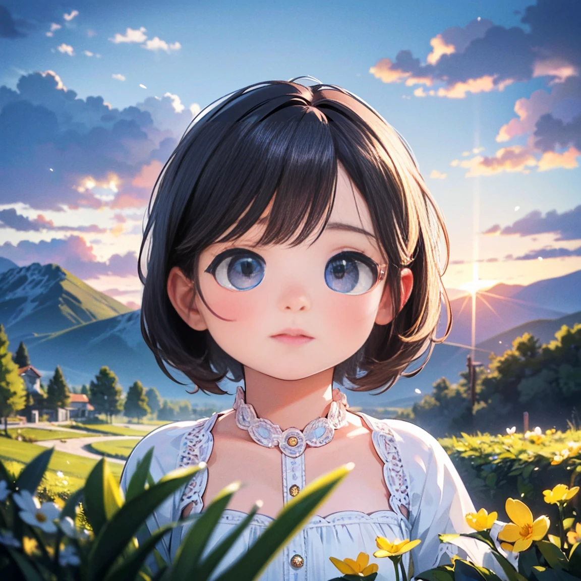 High Detail, Ultra Detail, Ultra High Resolution A cute and innocent girl, child, toddler, enjoying her time in the open field, surrounded by the beauty of nature, warm sun sprinkling on her, wildflowers gently swaying in the breeze. Butterflies and birds flutter around her, adding to the playful atmosphere , --v6